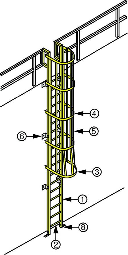 A yellow FRP/GRP caged ladder on the white background.
