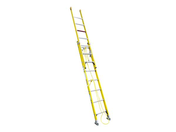 A yellow FRP/GRP extension ladder on the white background.