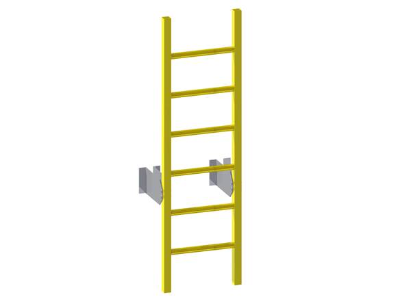 A yellow FRP/GRP fixed ladder is mounted onto wall with heavy duty wall mount bracket.