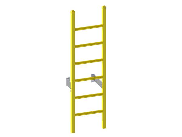 Una escalera recta fija FRP/GRP amarilla con riel lateral de tubo cuadrado.