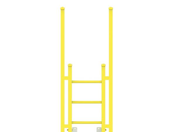 Una escalera recta fija FRP/GRP amarilla con montante de agarre se fija en la pared.