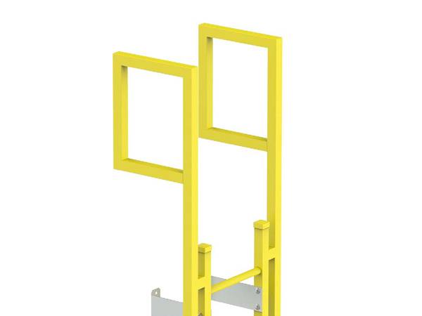 Una escalera recta fija FRP/GRP amarilla con retorno se fija en la pared.