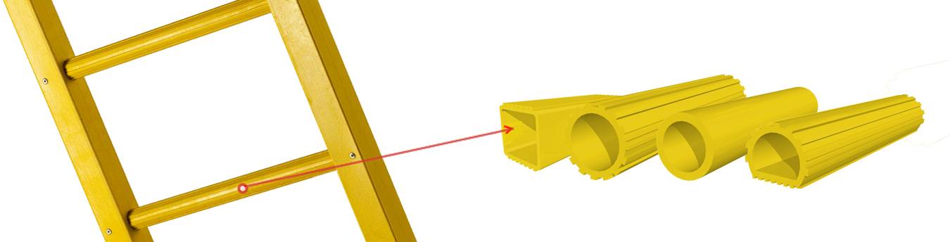 A yellow FRP/GRP fixed ladder with gear tube rung and other optional ladder rungs.
