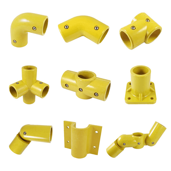 Six yellow FRP/GRP handrail fittings on the white background with different types.