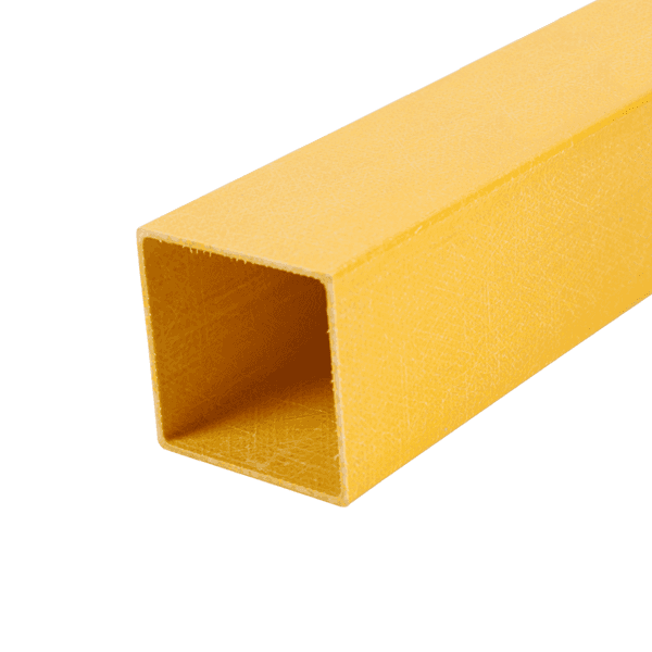 A yellow FRP/GRP square tube on gray background.