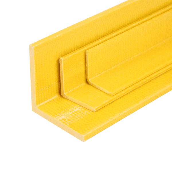 Three yellow FRP/GRP angles on gray background with different sizes.